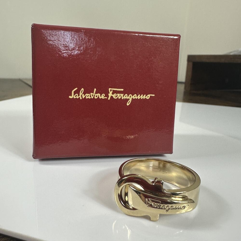 Salvatore Ferragamo Gold Tone Gancini Scarf Ring W/ Box